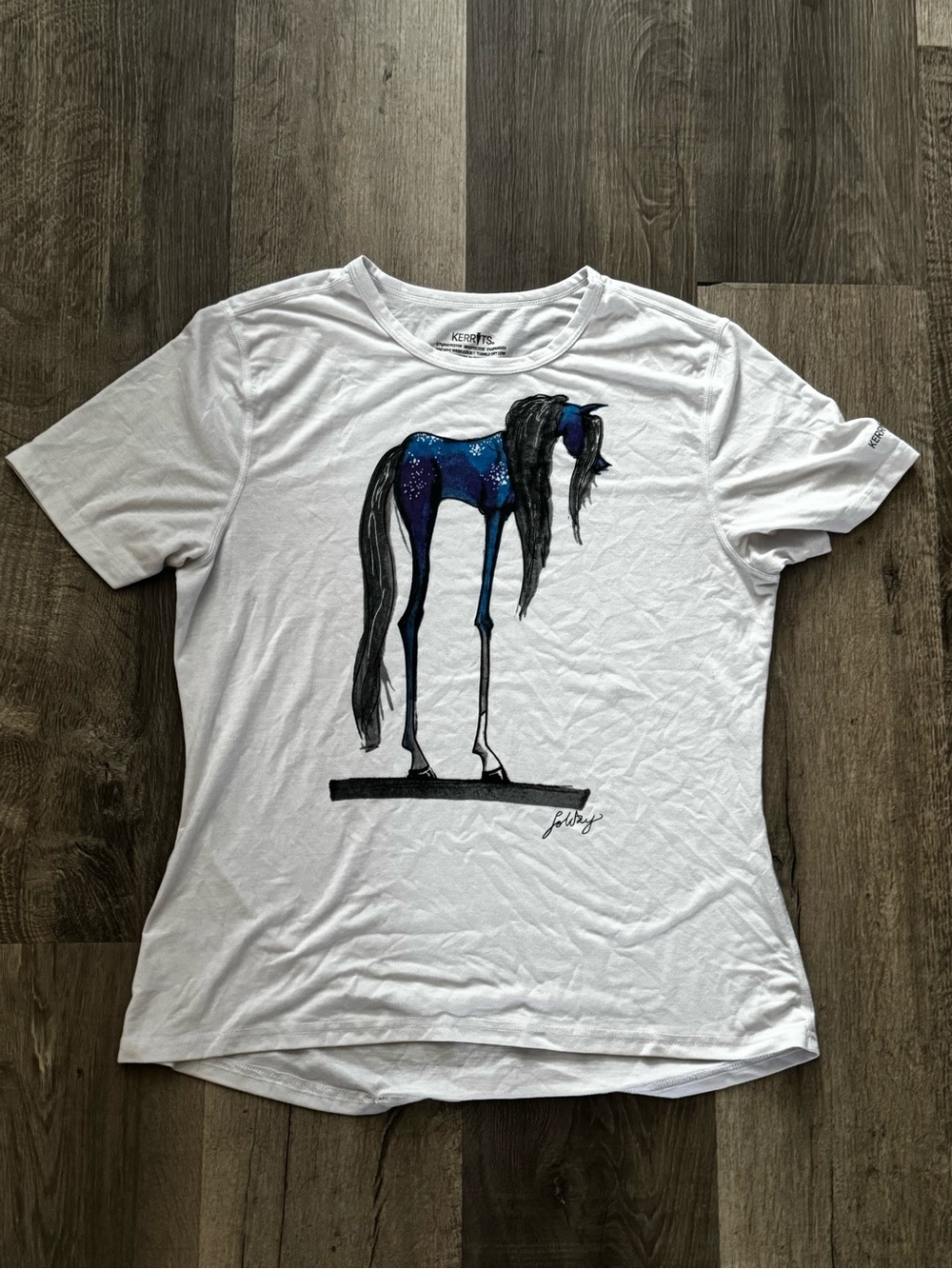 Kerrits White Short Sleeve Tee with Blue & Black Horse Graphic